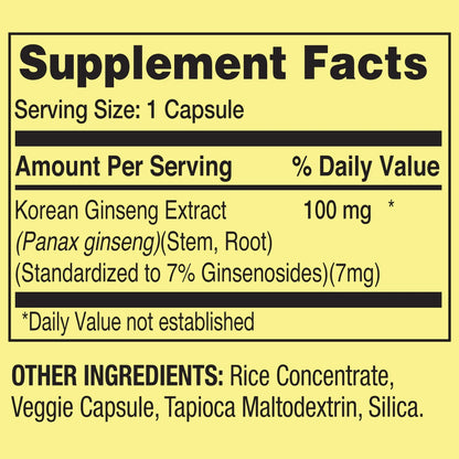 Ginseng Coreano (Panax) 100mg 60 Cápsulas - Spring Valley