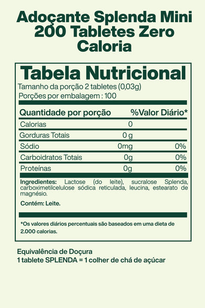 Adoçante Splenda Mini 200 Tabletes Zero Caloria