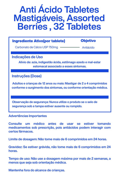 Anti Ácido Tabletes Mastigáveis, Assorted Berries , 32 Tabletes - Tums