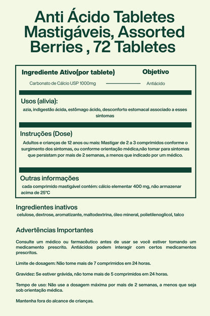 Anti Ácido Tabletes Mastigáveis, Assorted Berries , 72 Tabletes - Tums