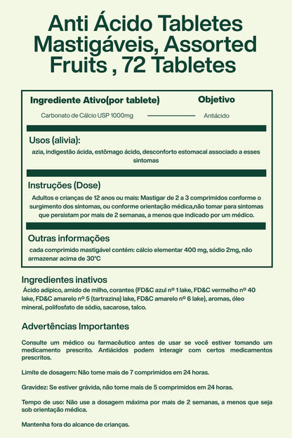 Anti Ácido Tabletes Mastigáveis, Assorted Fruit , 72 Tabletes - Tums