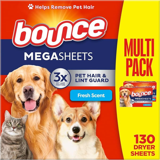 Bounce Mega Lenços para Secadoras, Removedor de pêlos , Sem Cheiro 130 Lenços - P&G