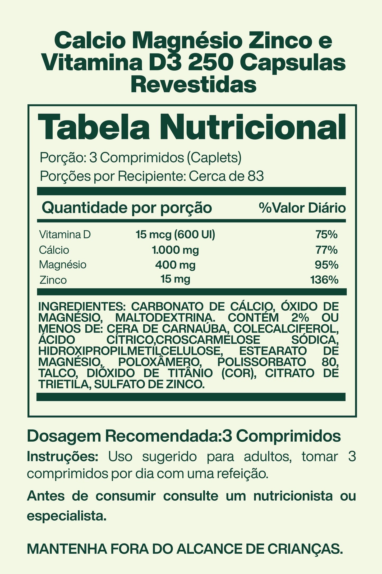 Calcio Magnésio Zinco e Vitamina D3 com 250 Capsulas Revestidas - Spring Valley
