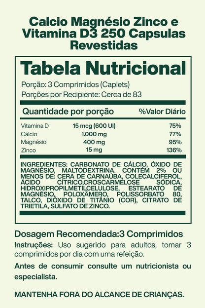 Calcio Magnésio Zinco e Vitamina D3 com 250 Capsulas Revestidas - Spring Valley
