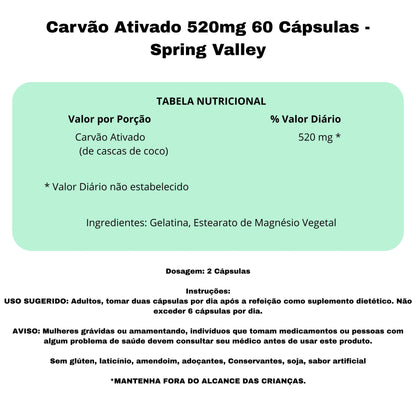 Carvão Ativado 520mg 60 Cápsulas - Spring Valley