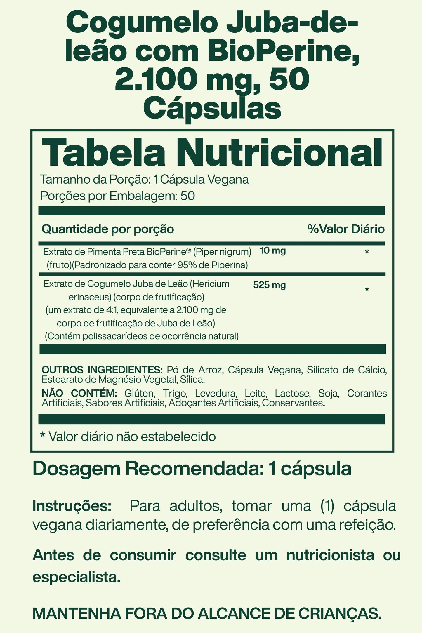 Cogumelo Juba-de-leão com BioPerine, 2.100 mg, 50 Cápsulas - Nature's Truth