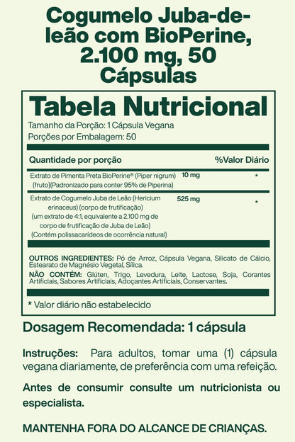 Cogumelo Juba-de-leão com BioPerine, 2.100 mg, 50 Cápsulas - Nature's Truth