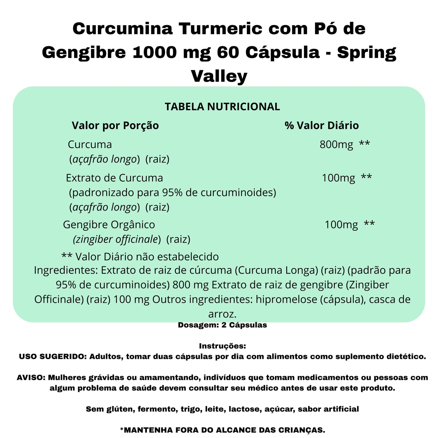 Curcumina Turmeric com Pó de Gengibre 1000 mg 60 Cápsula - Spring Valley