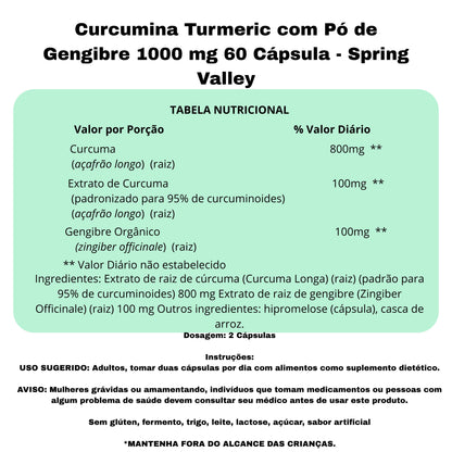 Curcumina Turmeric com Pó de Gengibre 1000 mg 60 Cápsula - Spring Valley