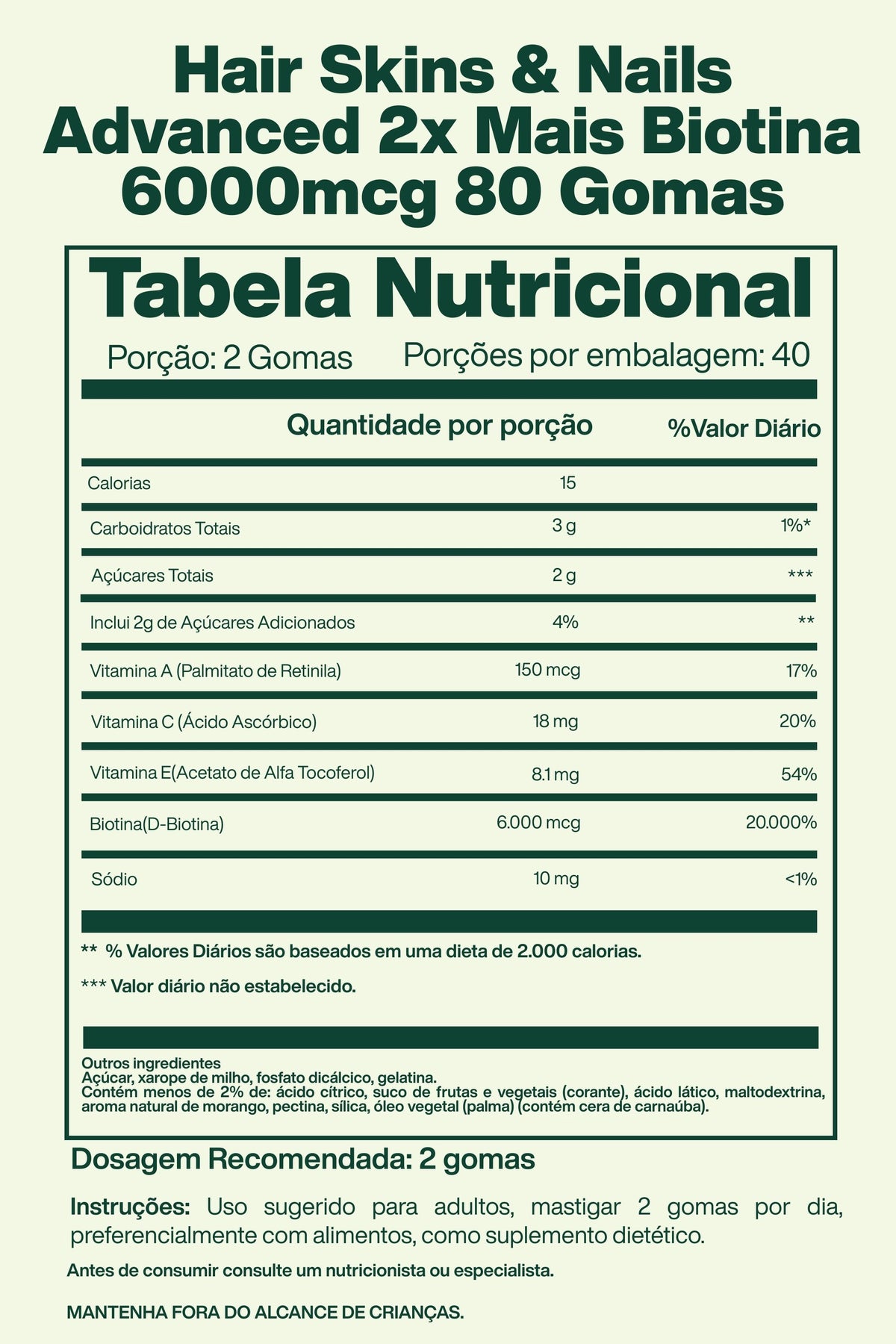 Hair Skins & Nails Advanced 2x Mais Biotina 6000mcg 80 Gomas - Nature's Bounty