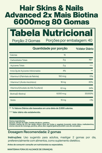 Hair Skins & Nails Advanced 2x Mais Biotina 6000mcg 80 Gomas - Nature's Bounty