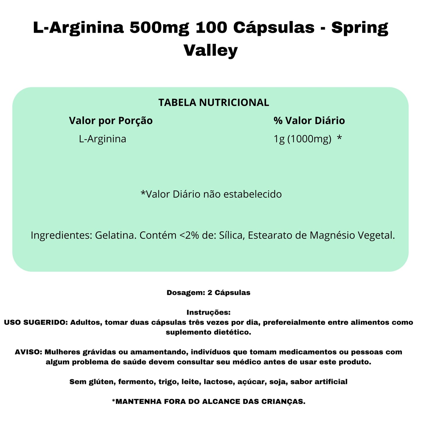 L-Arginina 500mg 100 Cápsulas - Spring Valley