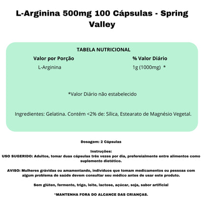 L-Arginina 500mg 100 Cápsulas - Spring Valley