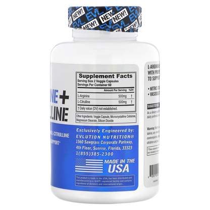 L-Arginina + L-Citrulina 120 Cápsulas Vegetais - EVLution Nutrition