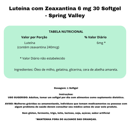 Luteína com Zeaxantina 6 mg 30 Softgel - Spring Valley