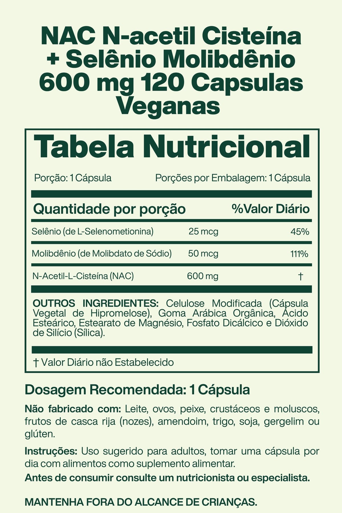 NAC N-acetil Cisteína + Selênio Molibdênio 600 mg 120 Capsulas Veganas - Lake Avenue Nutrition