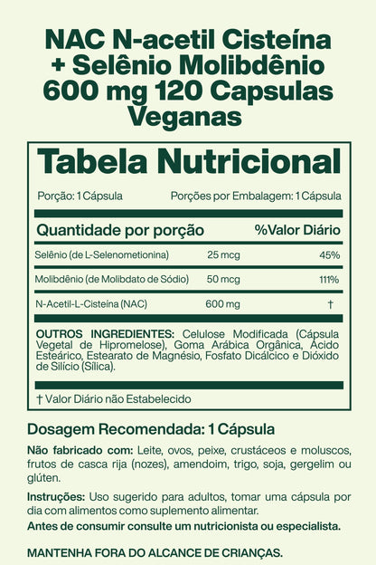 NAC N-acetil Cisteína + Selênio Molibdênio 600 mg 120 Capsulas Veganas - Lake Avenue Nutrition