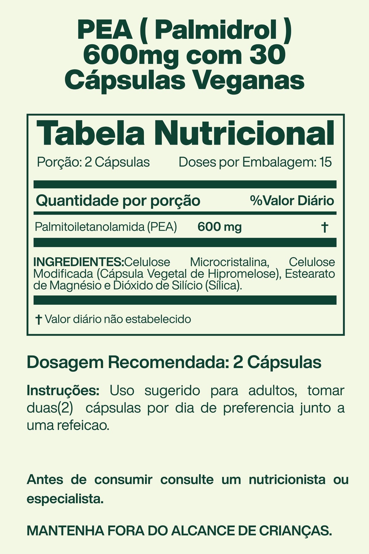 PEA ( Palmidrol ) 600mg com 30 Cápsulas Veganas - Lake Avenue Nutrition