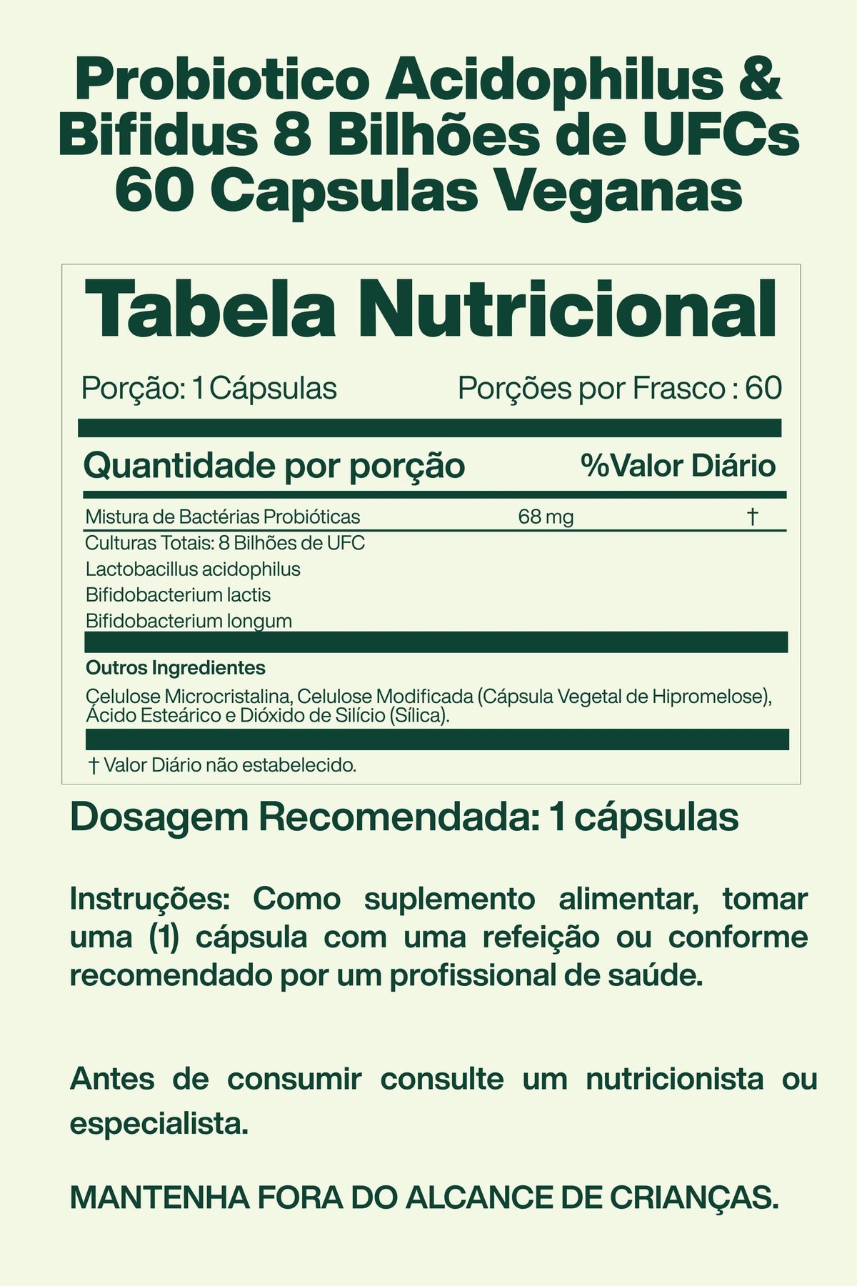 Probiotico Acidophilus & Bifidus 8 Bilhões de UFCs 60 Capsulas Veganas - Lake Avenue Nutrition