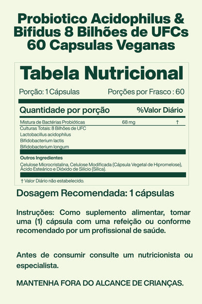 Probiotico Acidophilus & Bifidus 8 Bilhões de UFCs 60 Capsulas Veganas - Lake Avenue Nutrition