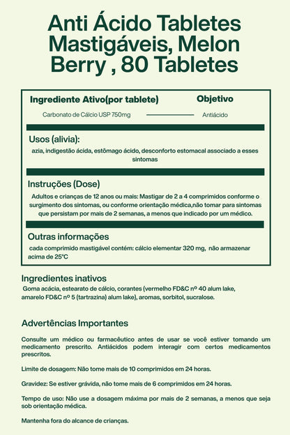 Sugar Free Anti Ácido Tabletes Mastigáveis, Melon Berry , 80 Tabletes - Tums