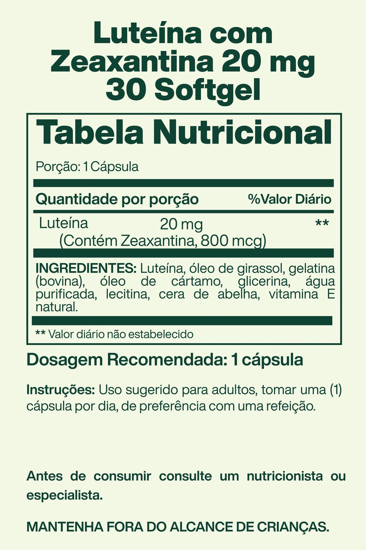 Luteína com Zeaxantina 20 mg 30 Softgel - Spring Valley