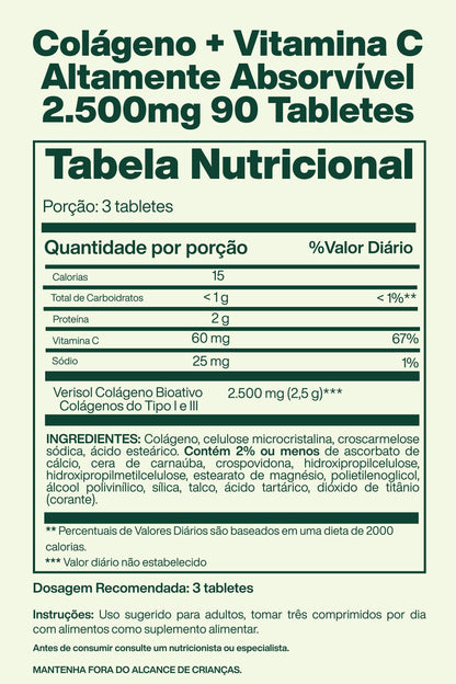 Colágeno + Vitamina C Altamente Absorvível 2.500mg 90 Tabletes - Spring Valley