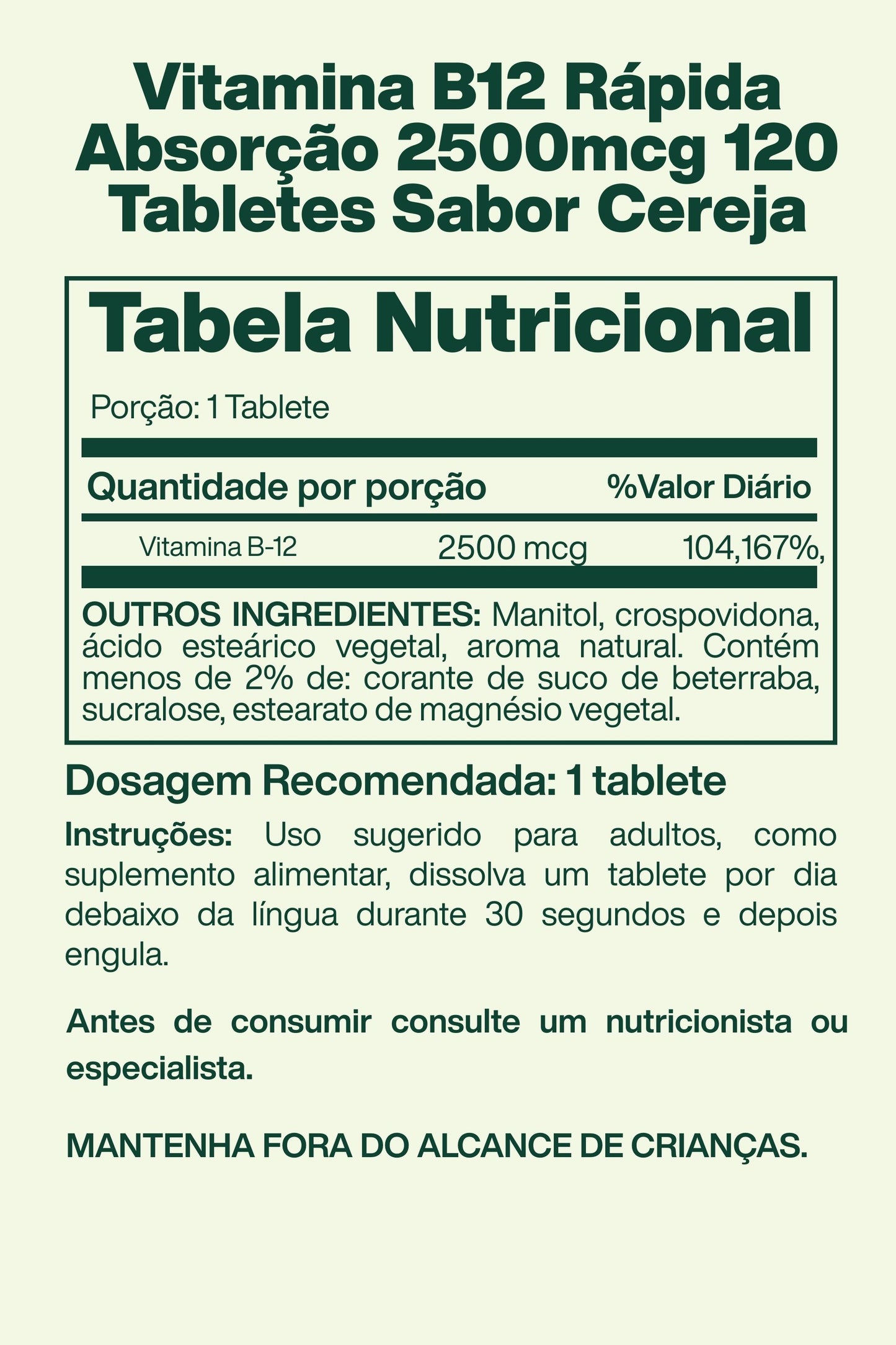 Vitamina B12 Rápida Absorção 2500mcg 120 Tabletes Sabor Cereja - Spring Valley