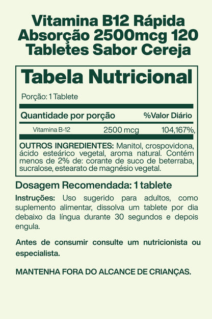 Vitamina B12 Rápida Absorção 2500mcg 120 Tabletes Sabor Cereja - Spring Valley