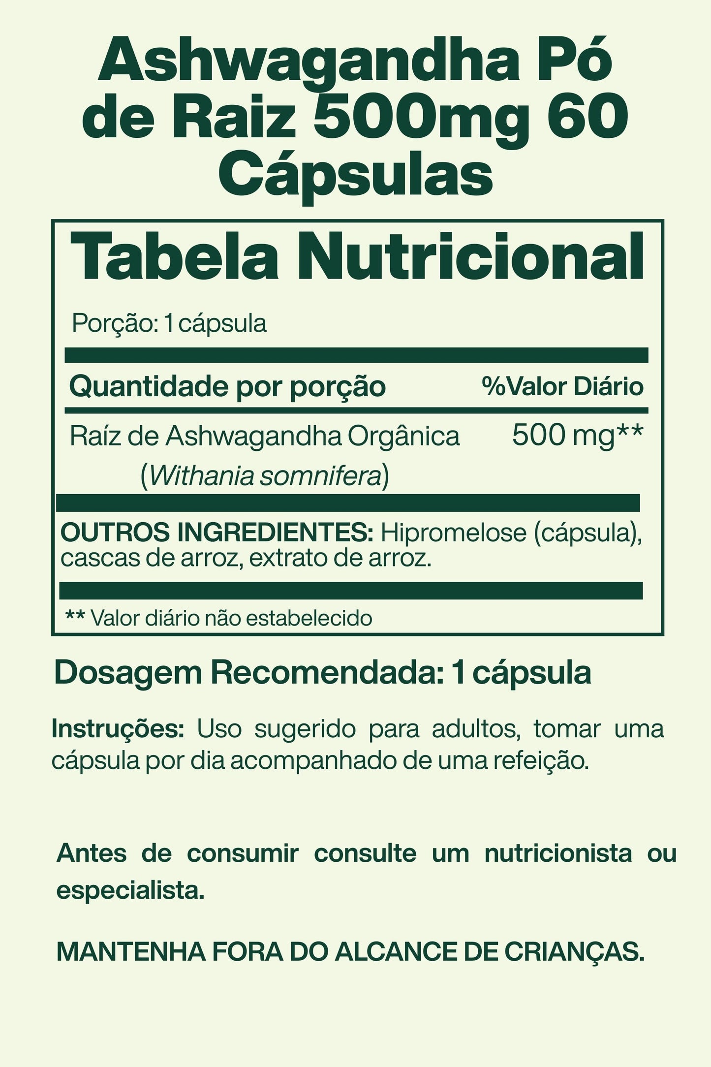 Ashwagandha Pó de Raiz 500mg 60 Cápsulas - Spring Valley