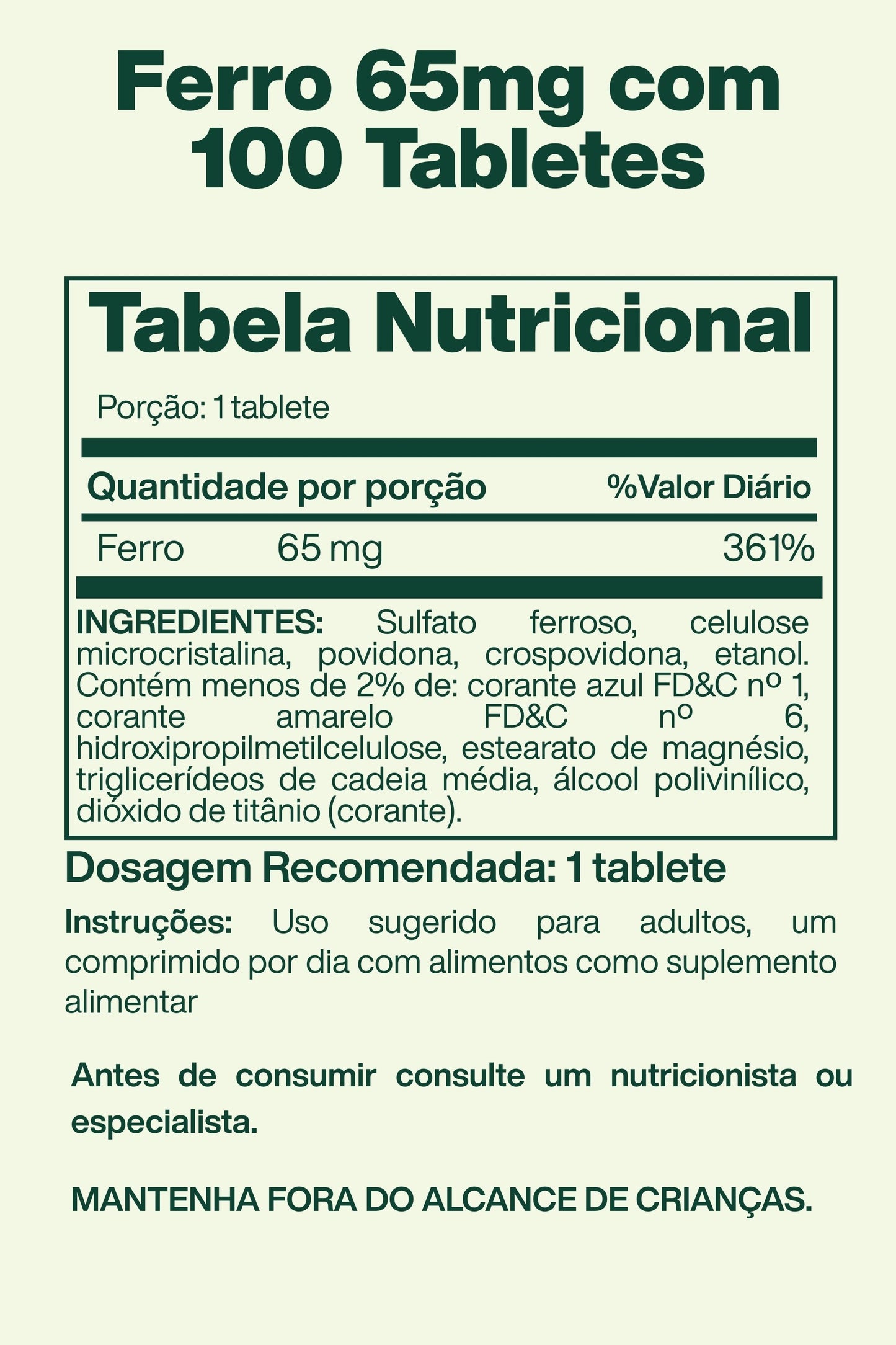 Ferro 65mg com 100 Tabletes - Spring Valley