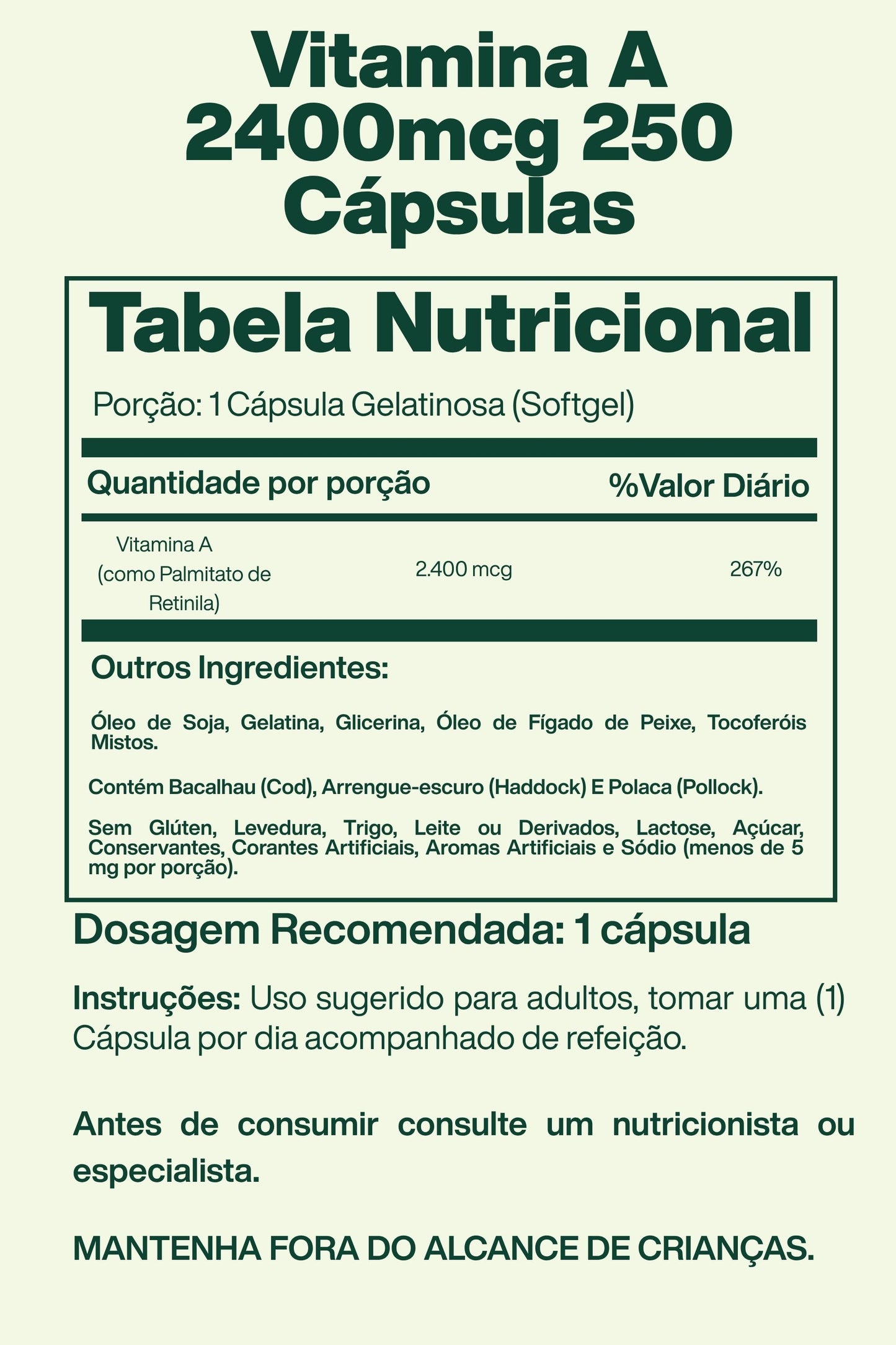 Vitamina A 2400mcg 250 Cápsulas - Spring Valley