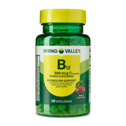 Vitamina B12 500 mcg , 200 micropastilhas , Sabor Cereja - Spring Valley