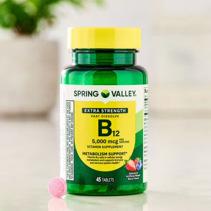 Vitamina B12 Extra Forte, 5000 mcg, 45 Tabletes, Frutas Vermelhas - Spring Valley