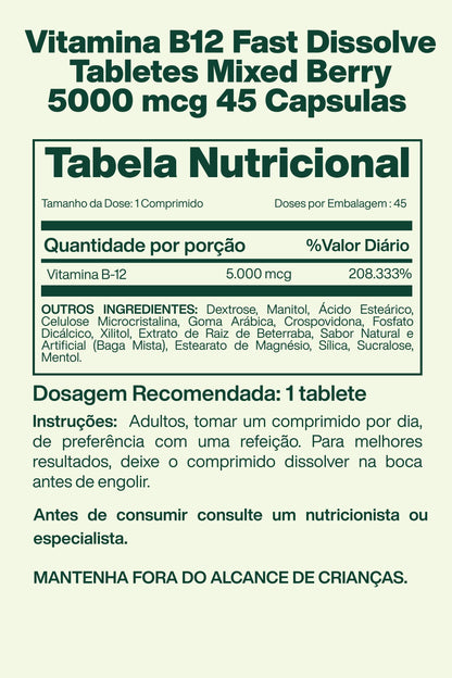 Vitamina B12 Extra Forte, 5000 mcg, 45 Tabletes, Frutas Vermelhas - Spring Valley
