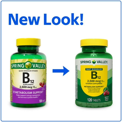 Vitamina B12 Rápida Absorção 2500mcg 120 Tabletes Sabor Cereja - Spring Valley