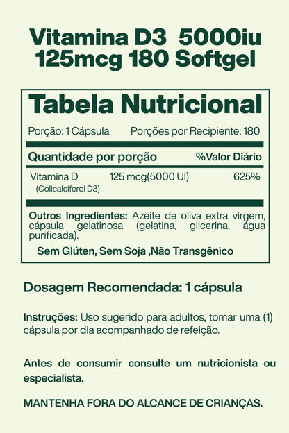Vitamina D3 125 mcg 5.000 UI 180 Cápsulas Softgel - Doctor's Best