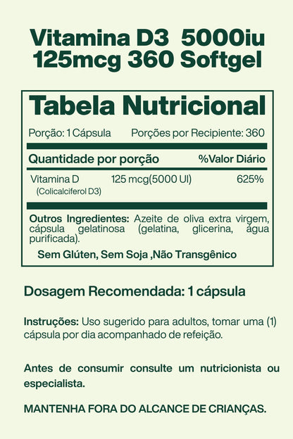 Vitamina D3 125 mcg 5.000 UI 360 Cápsulas Softgel - Doctor's Best