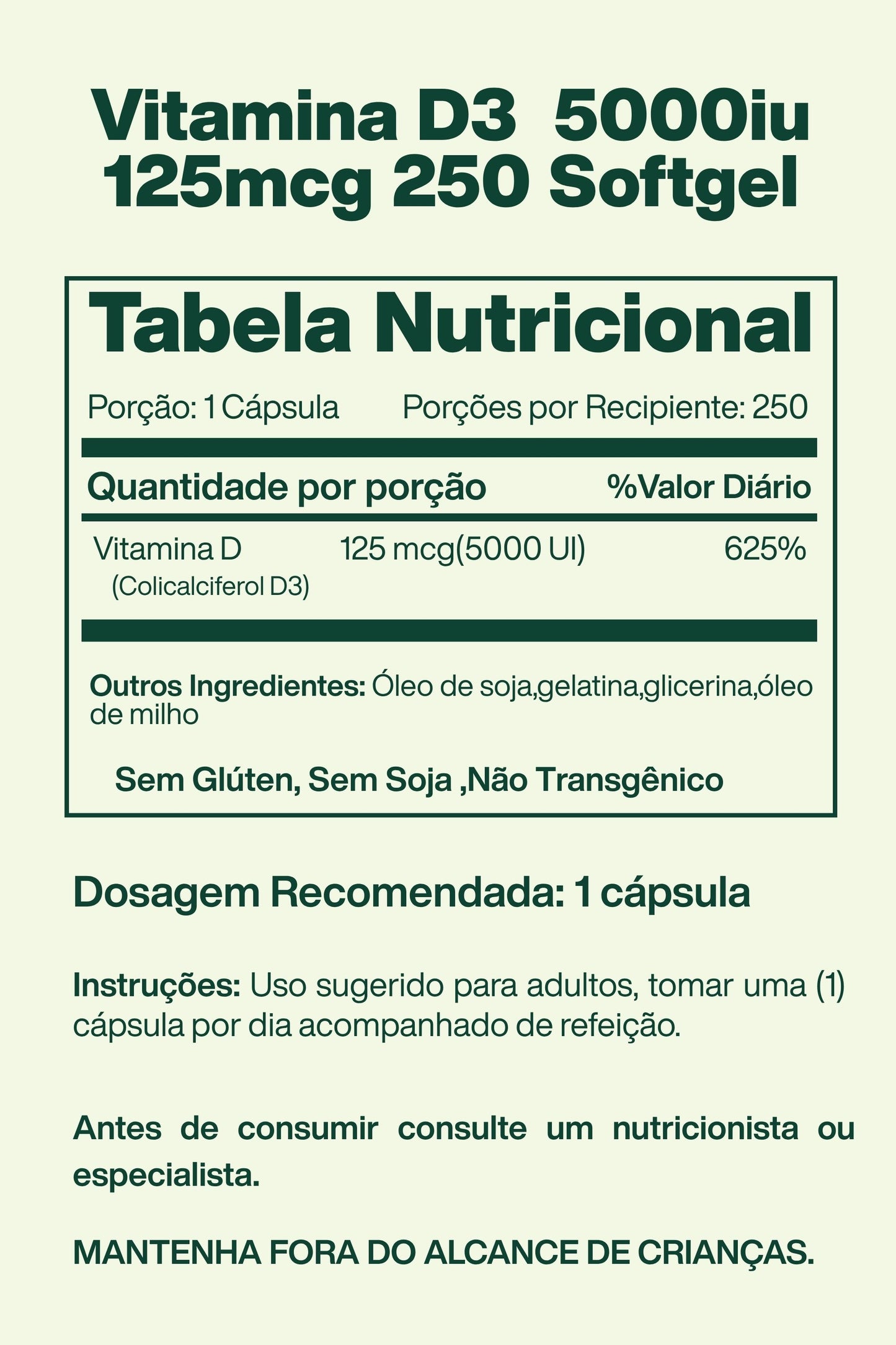 Vitamina D3, 125 mcg, 5.000 iu com 250 Softgel - Spring Valley