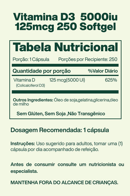 Vitamina D3, 125 mcg, 5.000 iu com 250 Softgel - Spring Valley