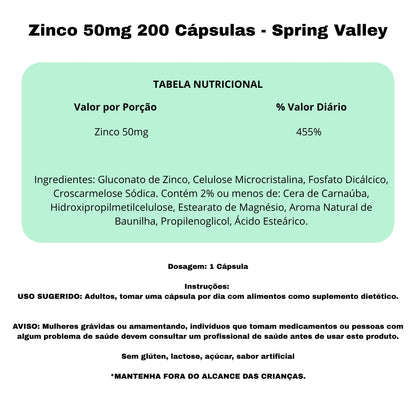 Zinco 50mg 200 Cápsulas - Spring Valley