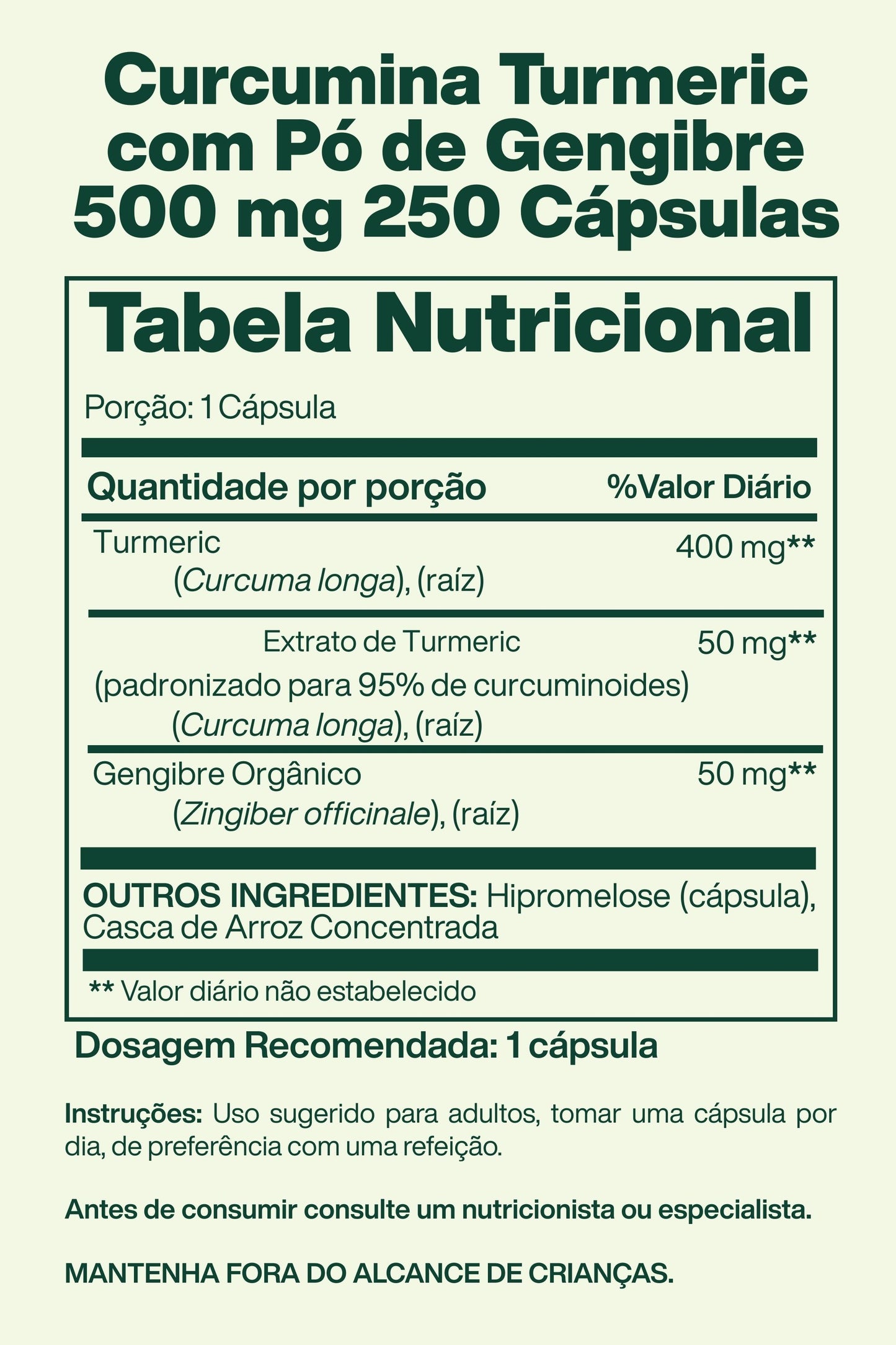 Curcumina Turmeric com Pó de Gengibre 500 mg 250 Cápsula - Spring Valley