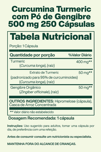 Curcumina Turmeric com Pó de Gengibre 500 mg 250 Cápsula - Spring Valley