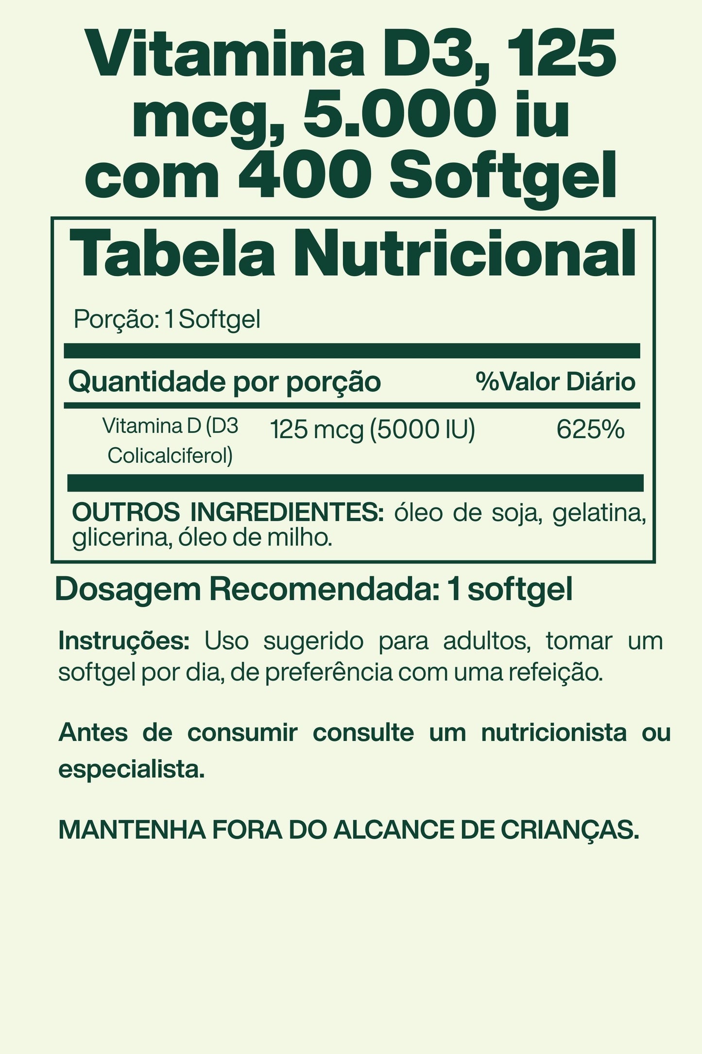 Vitamina D3, 125 mcg, 5.000 iu com 400 Softgel - Spring Valley