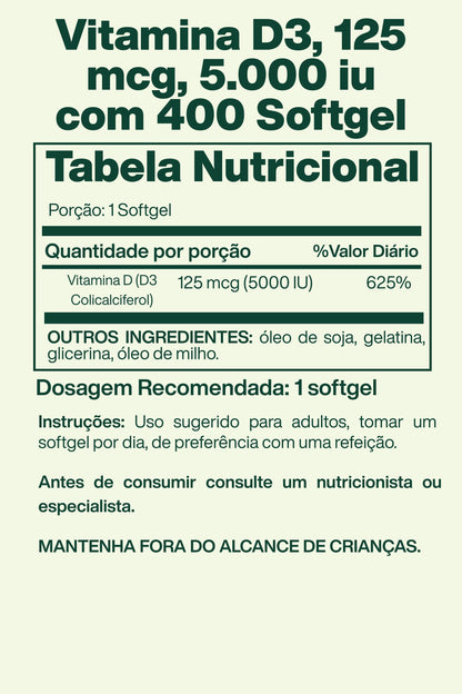 Vitamina D3, 125 mcg, 5.000 iu com 400 Softgel - Spring Valley